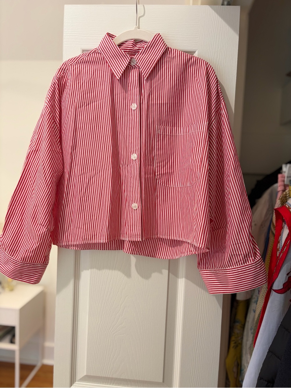 TWP Red & White Striped Button-Front Cropped Blouse